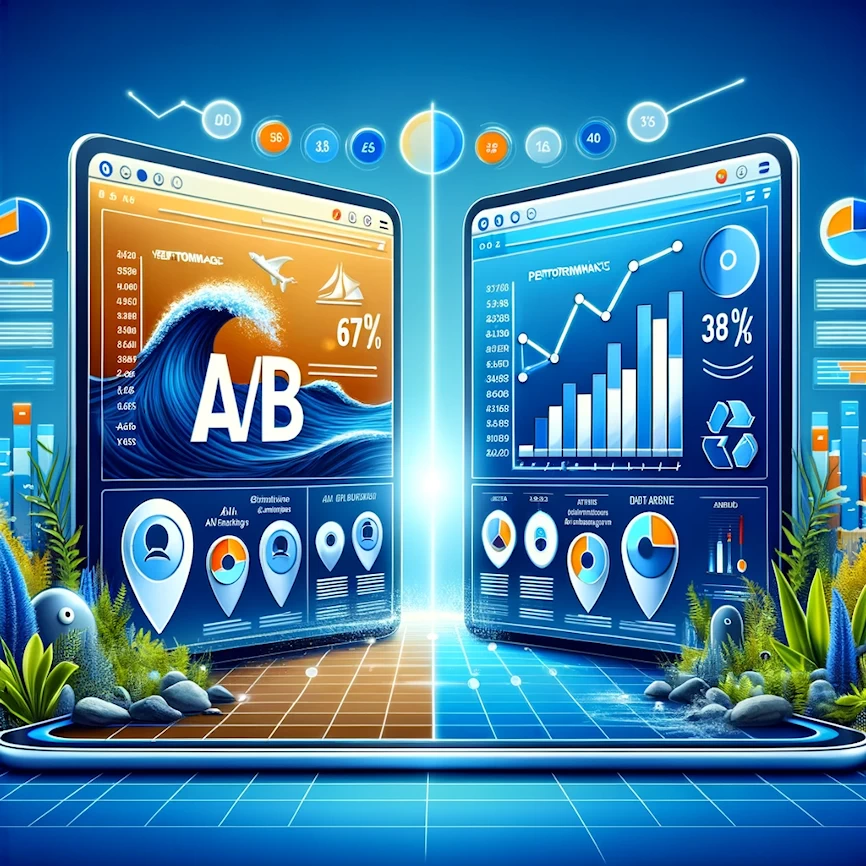 Une image captivante qui représente le concept de l'A/B testing dans le SEA, montrant un écran partagé avec deux designs d'annonces différents comparés, avec des graphiques analytiques et des points de données en arrière-plan, symbolisant la mesure de performance et l'optimisation, dans un style clair et informatif.